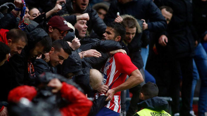 Diego Costa sent off for celebrating goal with Atletico fans