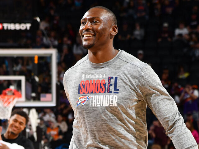 Thunder’s Biyombo appears to collapse on sideline.
